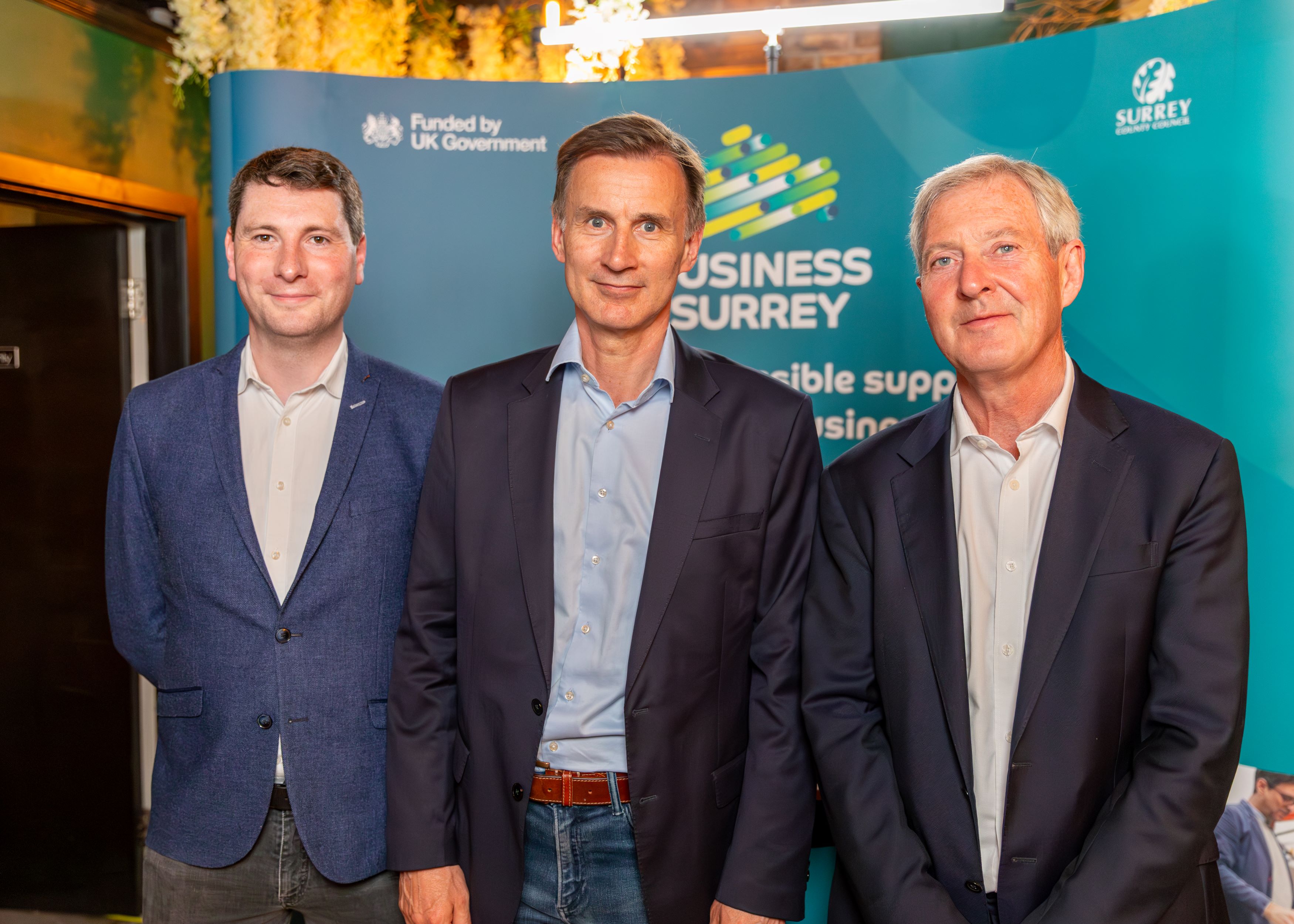 Cllr Matt Furniss, Rt Hon Jeremy Hunt MP and Cllr Tim Oliver at the launch of Business Surrey