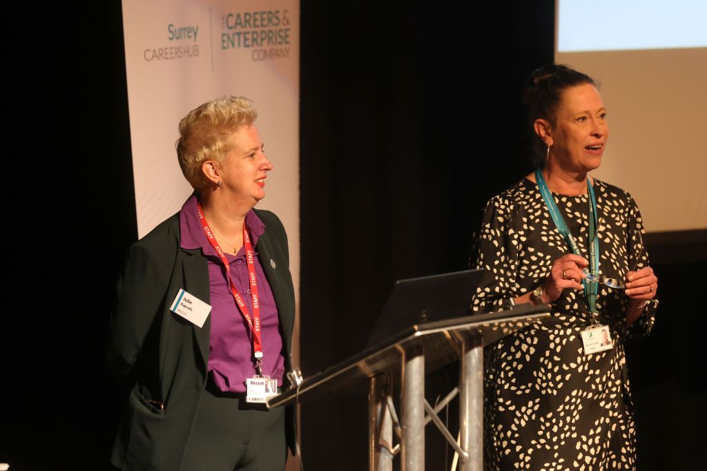 Julie Kapsalis, Principal at Nescot, with Georgina Angele, Strategic Hub Lead, at the Surrey Careers Hub conference